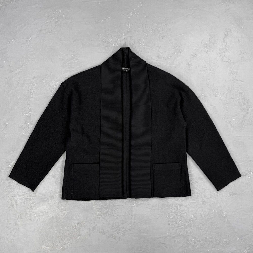 Eileen Fisher Black Merino Wool Felted Knit Cardigan Sweater Women's Medium